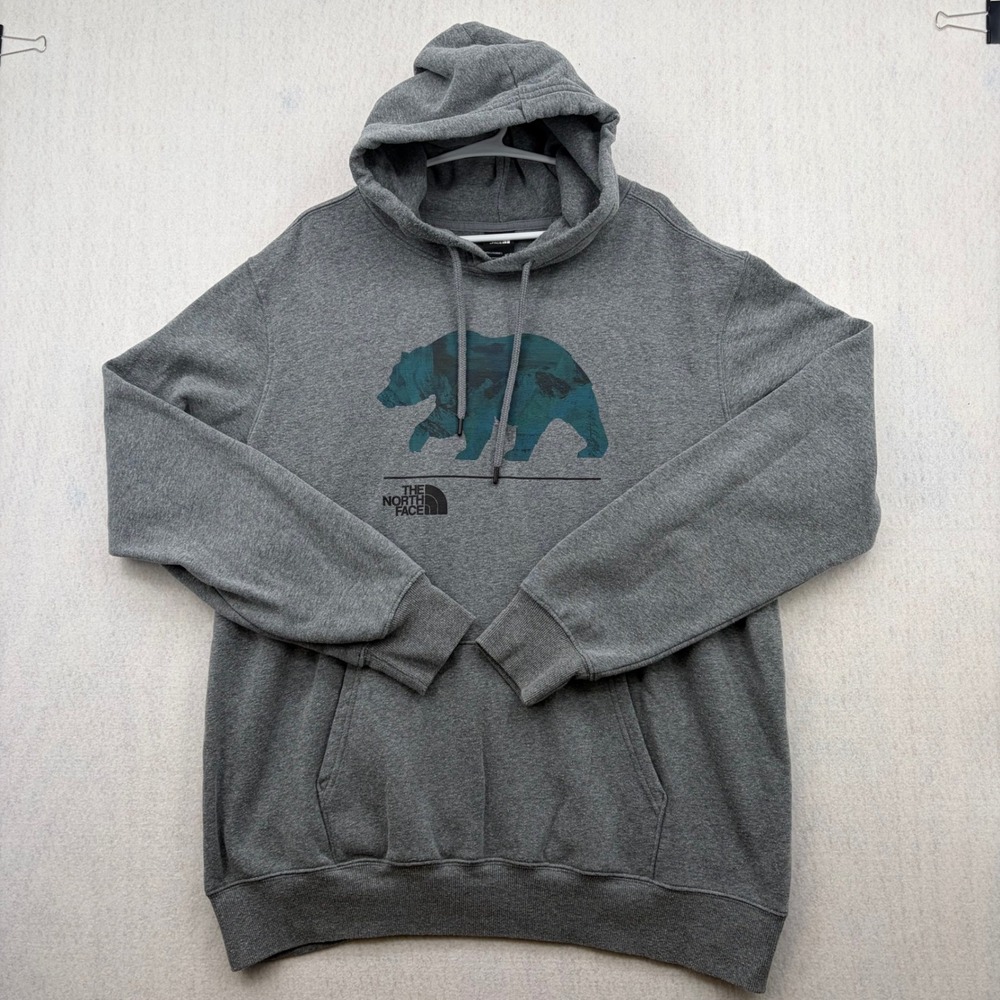 The North Face Mens XL Gray Grizzly Bear Forest Graphic Pullover Hoodie